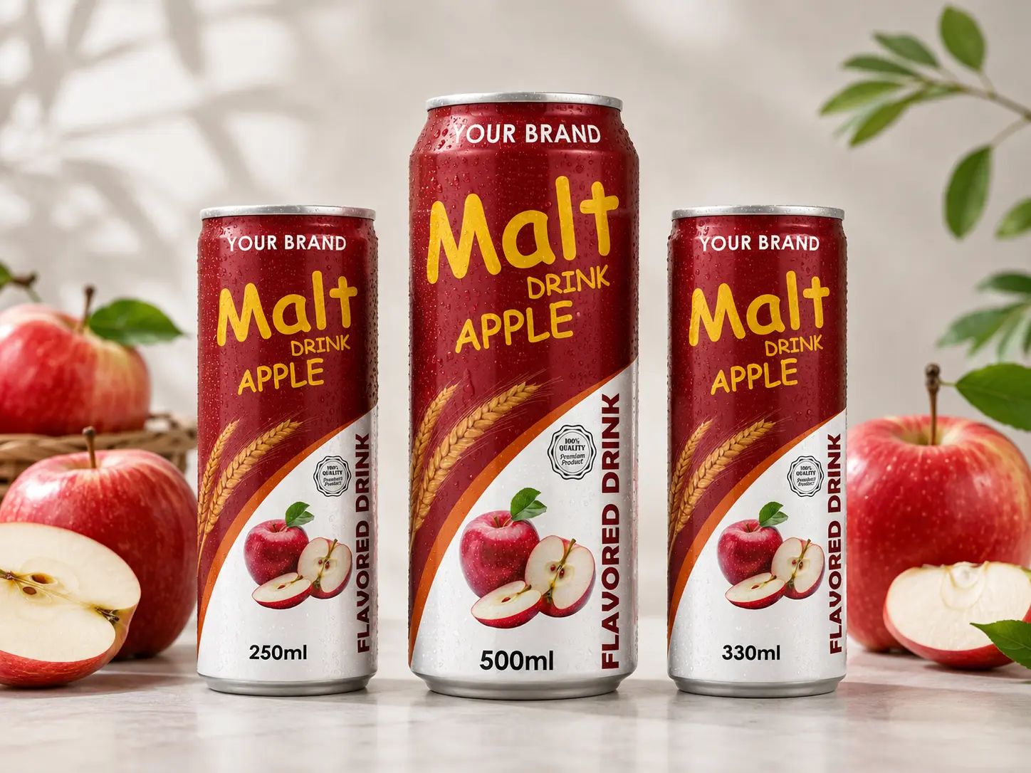 MALT DRINK Apple flavour in 250ml, 500ml, and 330ml cans.